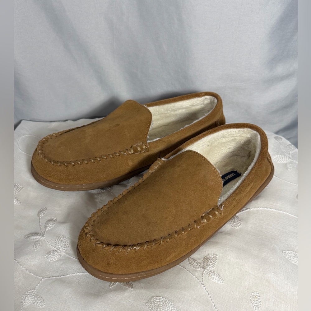 Lands' End Mens Slippers Fuzzy Lined Tan Suede Moccasin House Shoes Sz 12 EUC